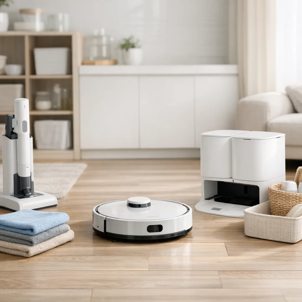 smart home cleaning tools organised in a modern clean home interior